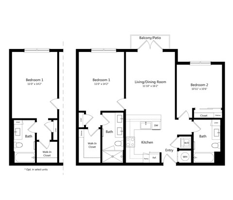 Floor plan for 2 beds, 2 baths, 944 sqft